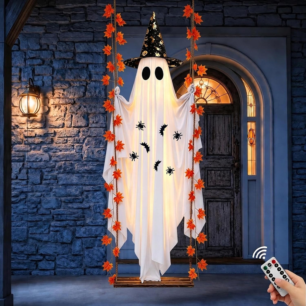 Halloween Decorations Outdoor, 5.4FT Large Hanging Swing Ghost Outdoor Decor with Witch Hat & Maple Leaf Vine, Remote Control LED Lights 8 Modes, Halloween Ghost Decorations for Front Porch Yard Tree