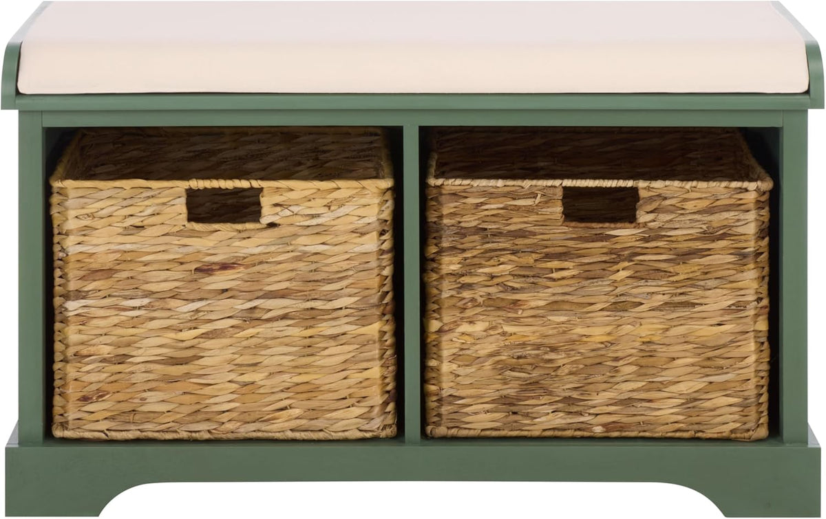 SAFAVIEH Furniture - Freddy 2-Basket Storage Bench - Dusty Green - Solid Wood - Coastal Basket Storage Design - Ideal for Entryway, Living Room, Hallway, 18" Seat Height - Fully Assembled (AMH5736L)