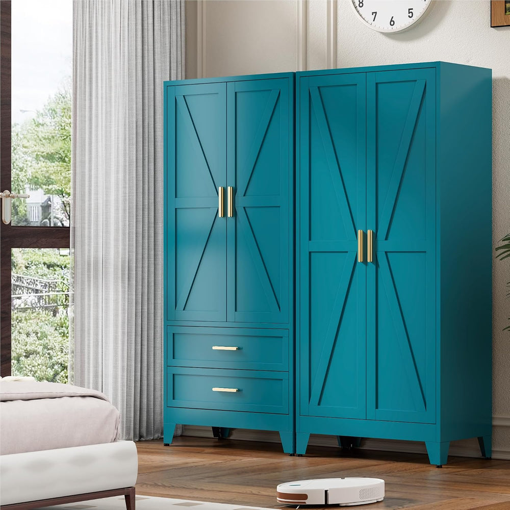 71'' Farmhouse Metal Wardrobe Cabinet with Hanging Rod, 2 Barn Door W...