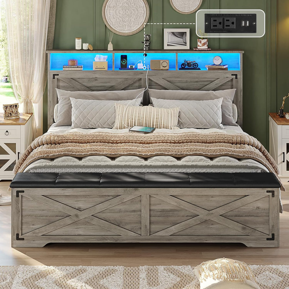 Queen Size Bed Frame with Storage Ottoman, Farmhouse Bed Frame with Charging ...