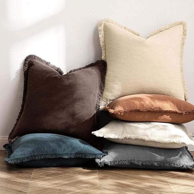 MIULEE Decorative Throw Pillow Covers Neutral Linen Fringe Throw Pillows Set of - Image 6
