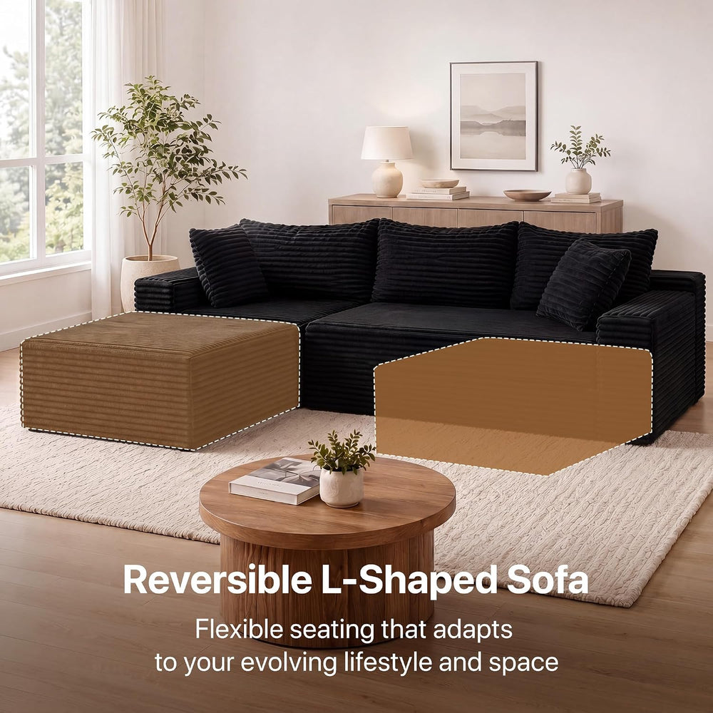 Claiks 94" Boneless Couch, L-Shape Corduroy Sectional Sofa, Black | Flex...