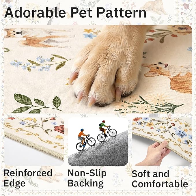 Soalmost Dog 9x12 Area Rugs for Living Room, Machine Washable Animal Floral - Image 6