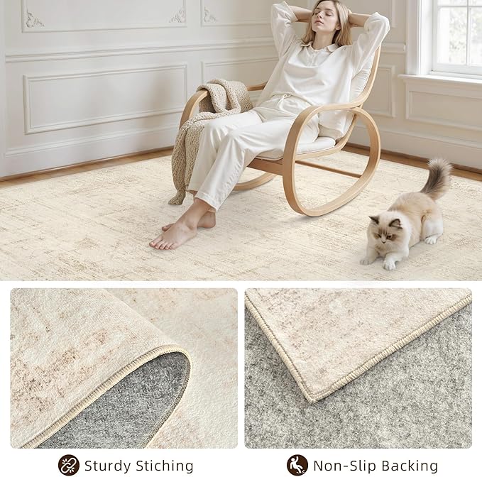 8x10 Area Rugs for Living Room: Vintage Boho Neutral Washable Rug Indoor Soft - Image 4