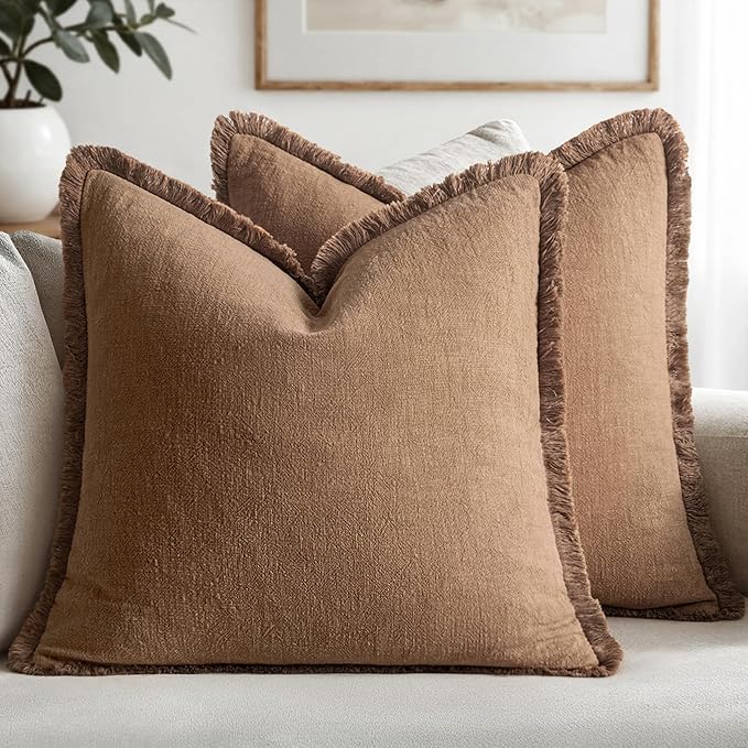 MIULEE Decorative Throw Pillow Covers Neutral Linen Fringe Throw Pillows Euro by MIULEE