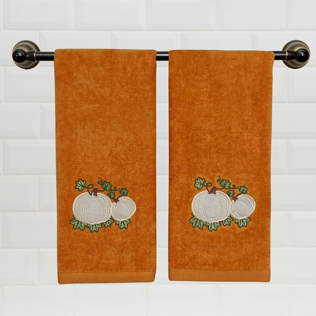 Fall Rust Bathroom Guest Hand Towels, Embroidered Pumpkin Leaf, 16x25 " | Set of 2, 100% Cotton Velour, Autumn Farmhouse Decor for Bath or Kitchen, Perfect for Parties & Gifts