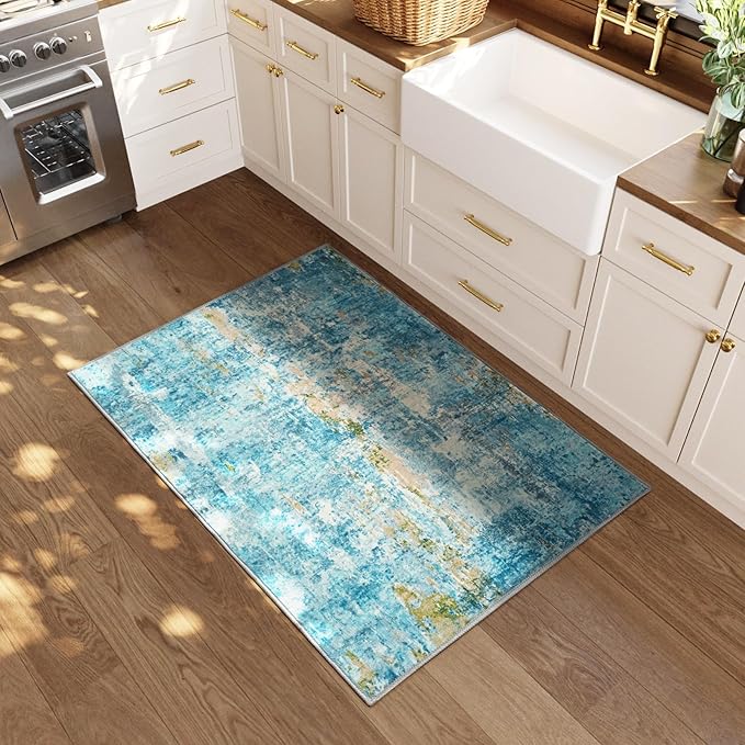 Entrance Rugs Indoor 2x3 Teal Blue Entry Rug Washable Abstract Small Area Rug - Image 2