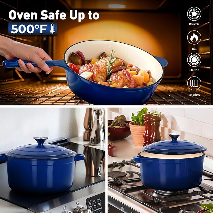 DishDelight 7 Pcs Enameled Cast Iron Pots and Pans Set, Induction Enamel Coated - Image 4