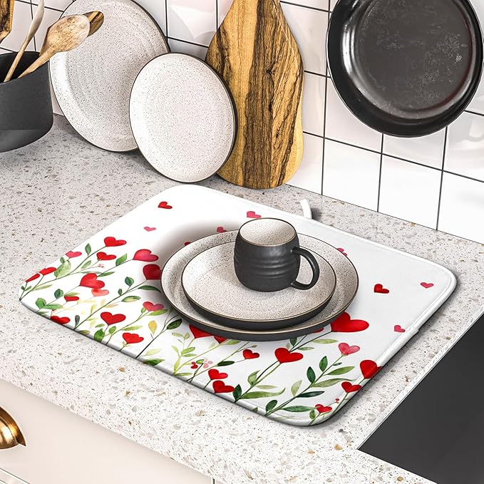 Valentines Day Dish Drying Mat for Kitchen Counter 18x16 Inch Green Red Heart - Image 2