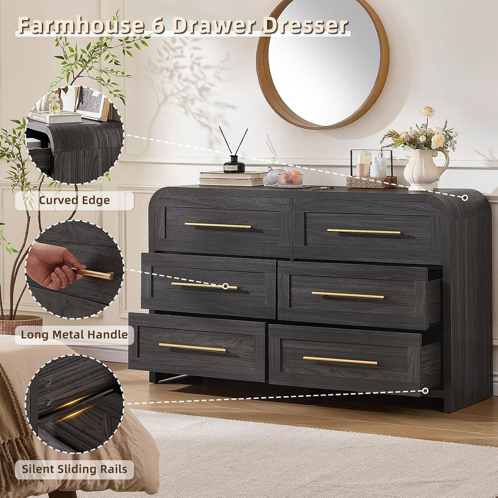 6 Drawer Dresser for Bedroom, Curved Chest of Drawers, Grey