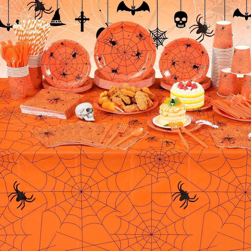 Funnymoom 452 Pcs Orange Halloween Spiderweb Party Supplies, Serves 50