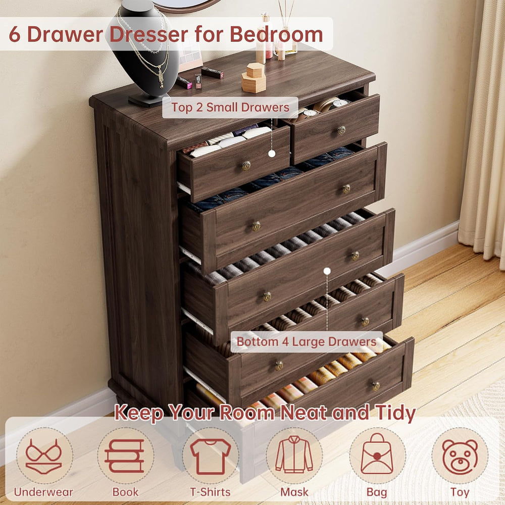 Garvee 6 Drawer Dresser for Bedroom, 47" Vintage Dresser, Dark Brown