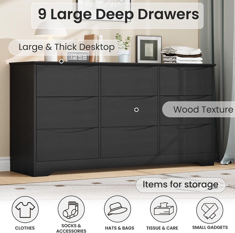 Garvee Wooden Dresser with 9 Drawers, Tall Closet with Deep Storage, Black