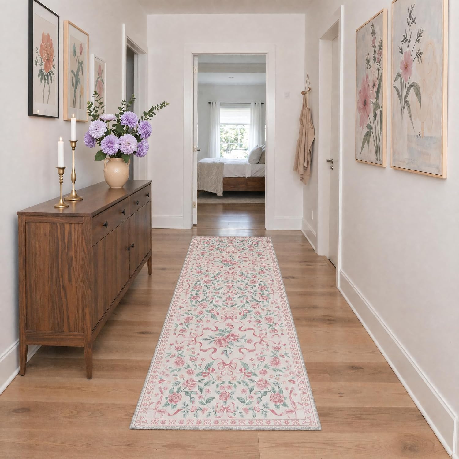 2'6''x6 Pink Runner Rugs for Hallway, Washable Pastel Floral Bow Runner | Non Slip Low Pile Bow Pattern Soft Cute Runners for Girls Bedroom Entryway Bathroom Laundry Dorm