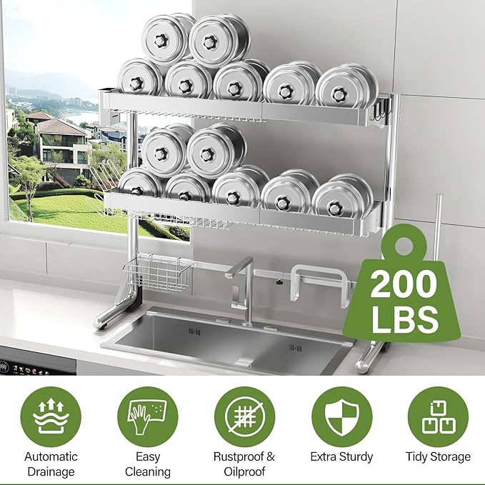 Over The Sink Dish Drainer Drying Rack 3 Tier, Full Stainless Steel Dish Drying - Image 7
