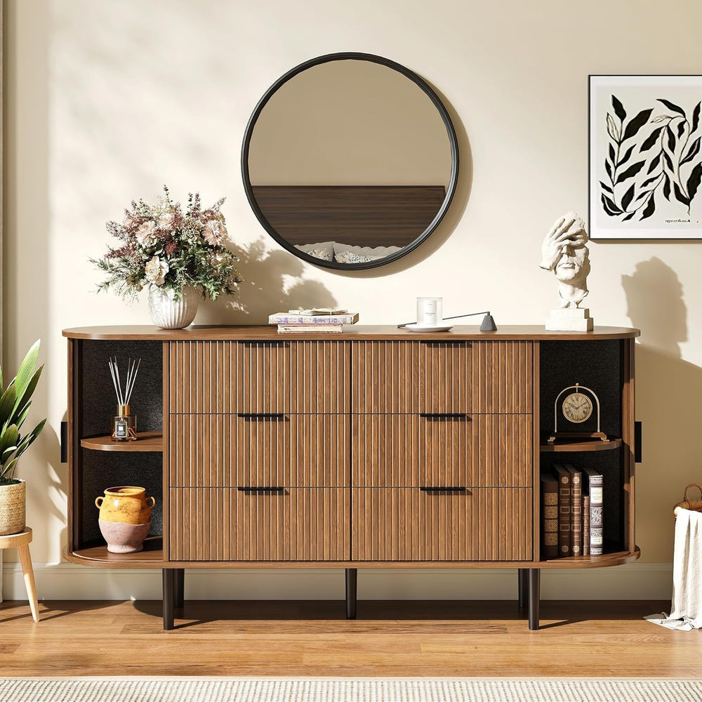 63" Wide Fluted 6 Drawer Dresser for Bedroom, Modern Wood Chest of Drawe...