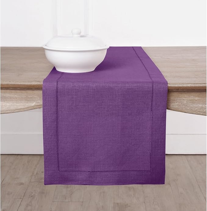 Solino Home Linen Purple Table Runner 60 Inches - Classic Hemstitch, 100% Pur...