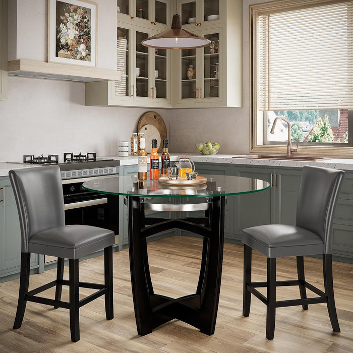 PADMA HOUSE Glass Pub Dining Set for 4, 45" Round Table + 4 Grey PU Stools
