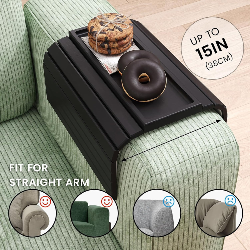 2 Pack Bamboo Folding Sofa Arm Tray with Anti-Slip Pad (Black) | Couch Armres...