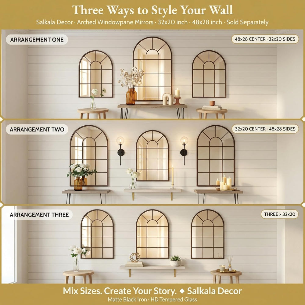 Black Arched Window Mirror | Farmhouse Decorative Wall Mirrors for Living Roo...