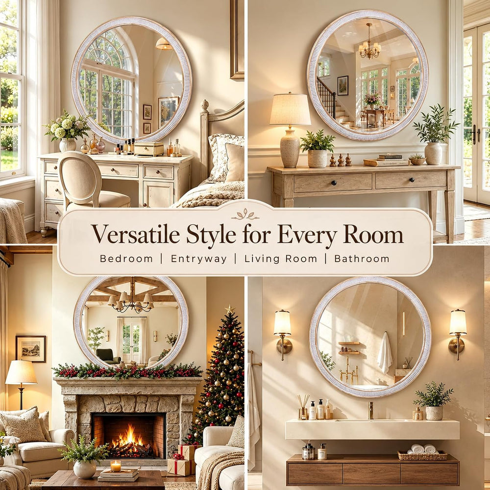 36 Inch Large Round Wood Mirror, Farmhouse Bathroom Mirrors for Wall