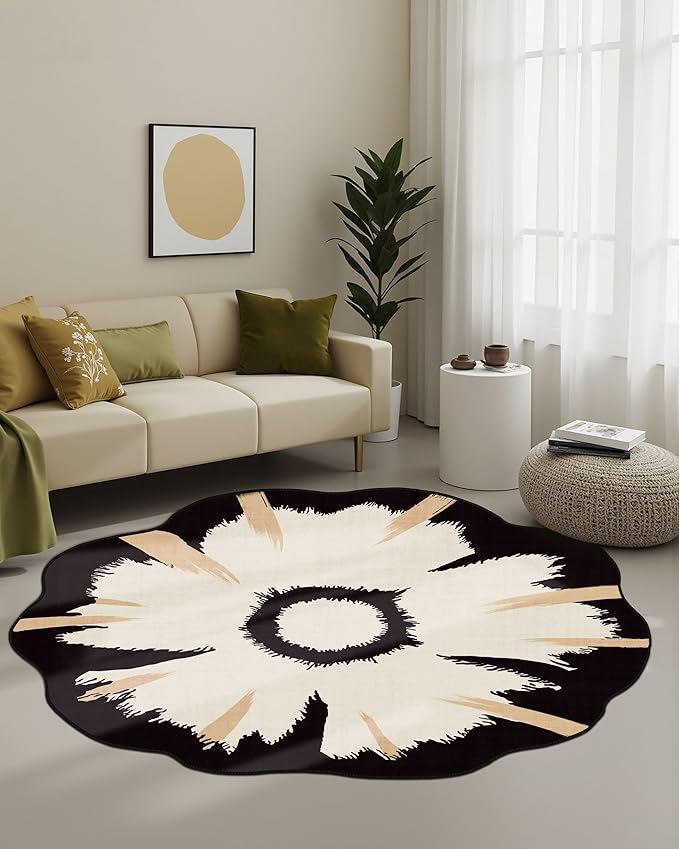 Latte&Fog Round Area Rug for Living Room, Modern Floral Washable Circle Rug - Image 4