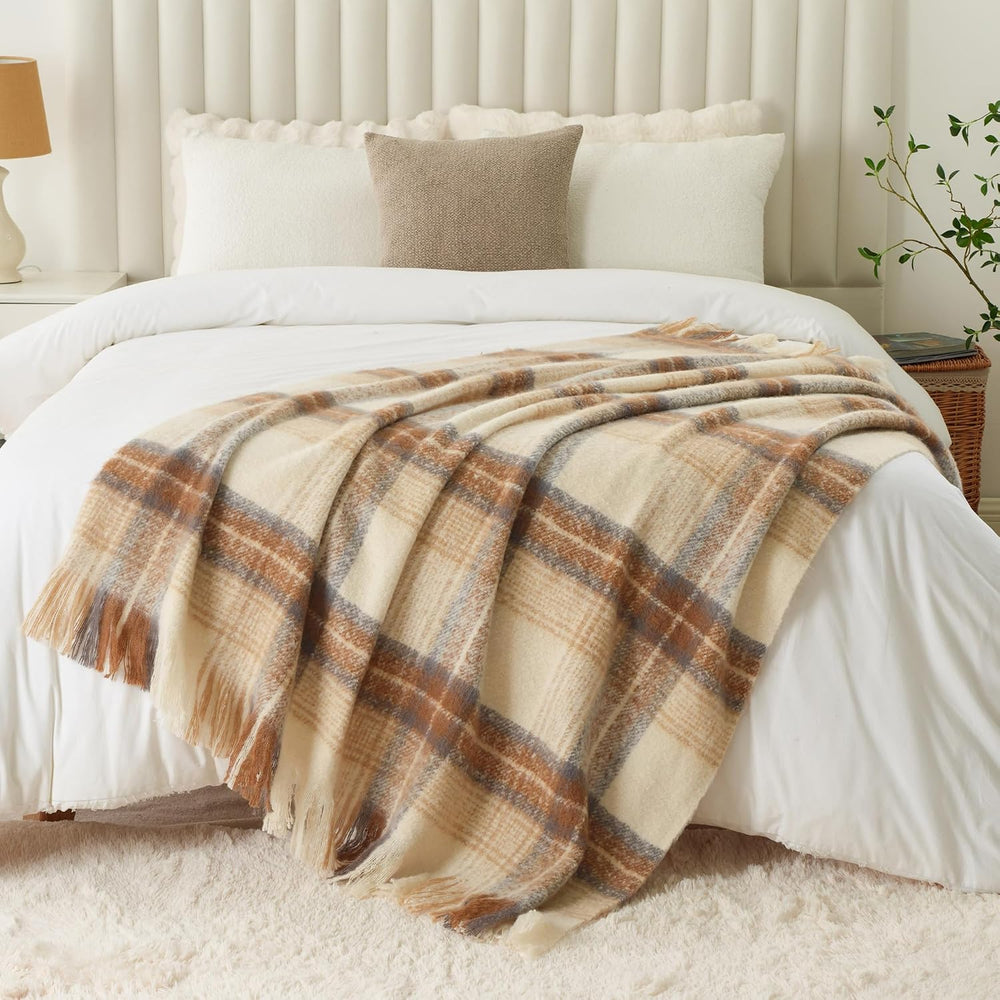 Battilo Beige Plaid Throw Blanket for Couch, Mohair Tartan Blanket 50"x6...