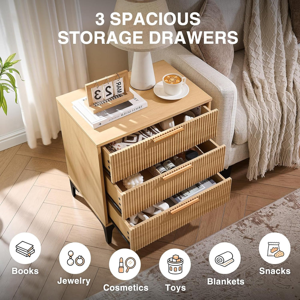 Fluted Nightstand, 23" Wide Accent Side Table with 3 Large Storage Drawers