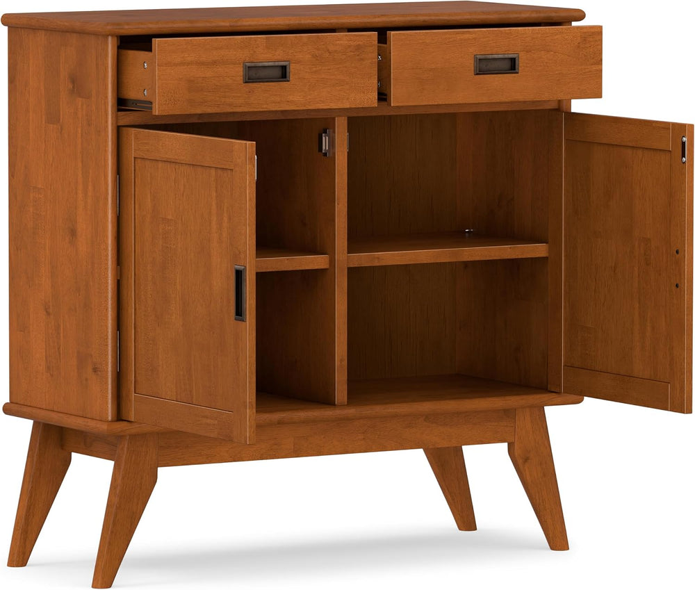 SIMPLIHOME Draper 36" Wide Solid Wood Cabinet in Teak Brown