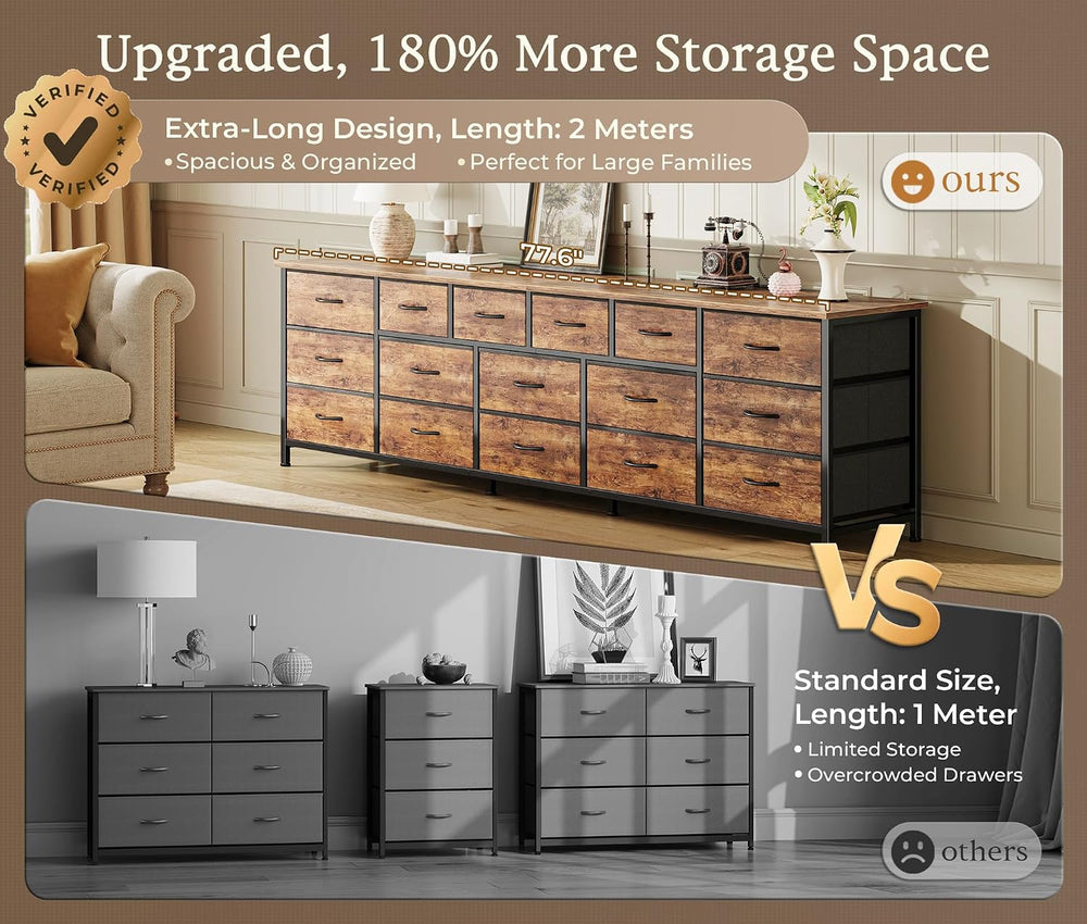 Huuger 77.6" Long Dresser for Bedroom, 16 Drawer Fabric Dresser for Clos...
