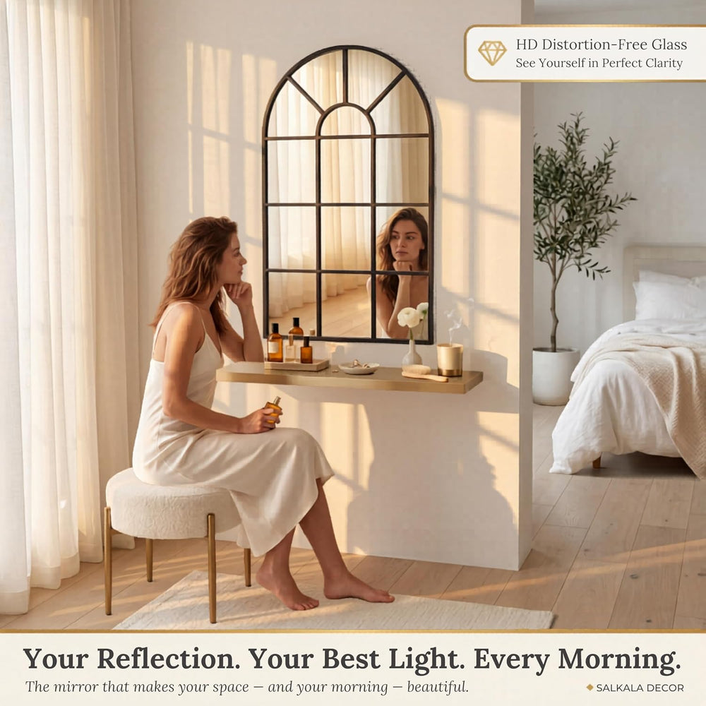 Black Arched Window Mirror | Farmhouse Decorative Wall Mirrors for Living Roo...