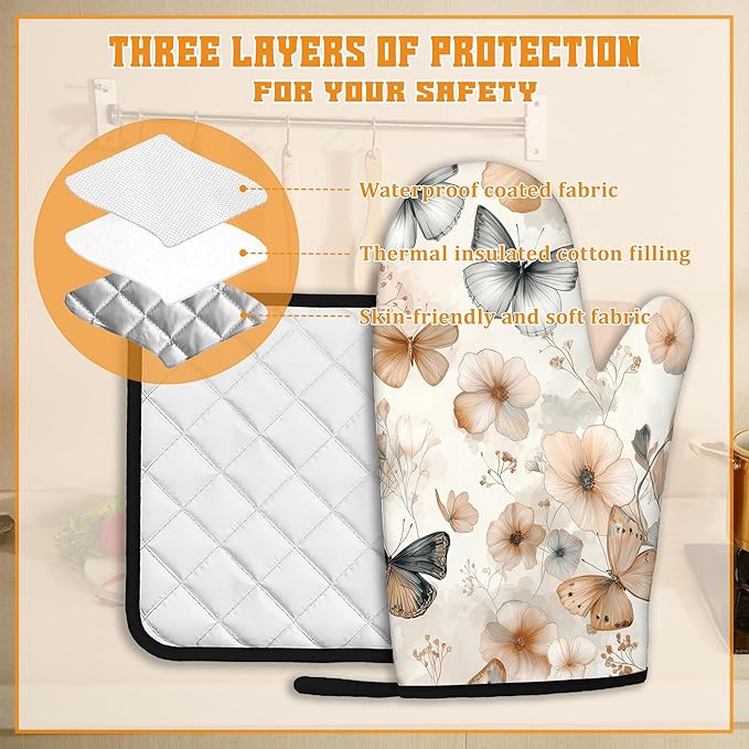 Butterfly Oven Mitts and Pot Holders, Boho Floral Flower Heat Resistant Oven - Image 3