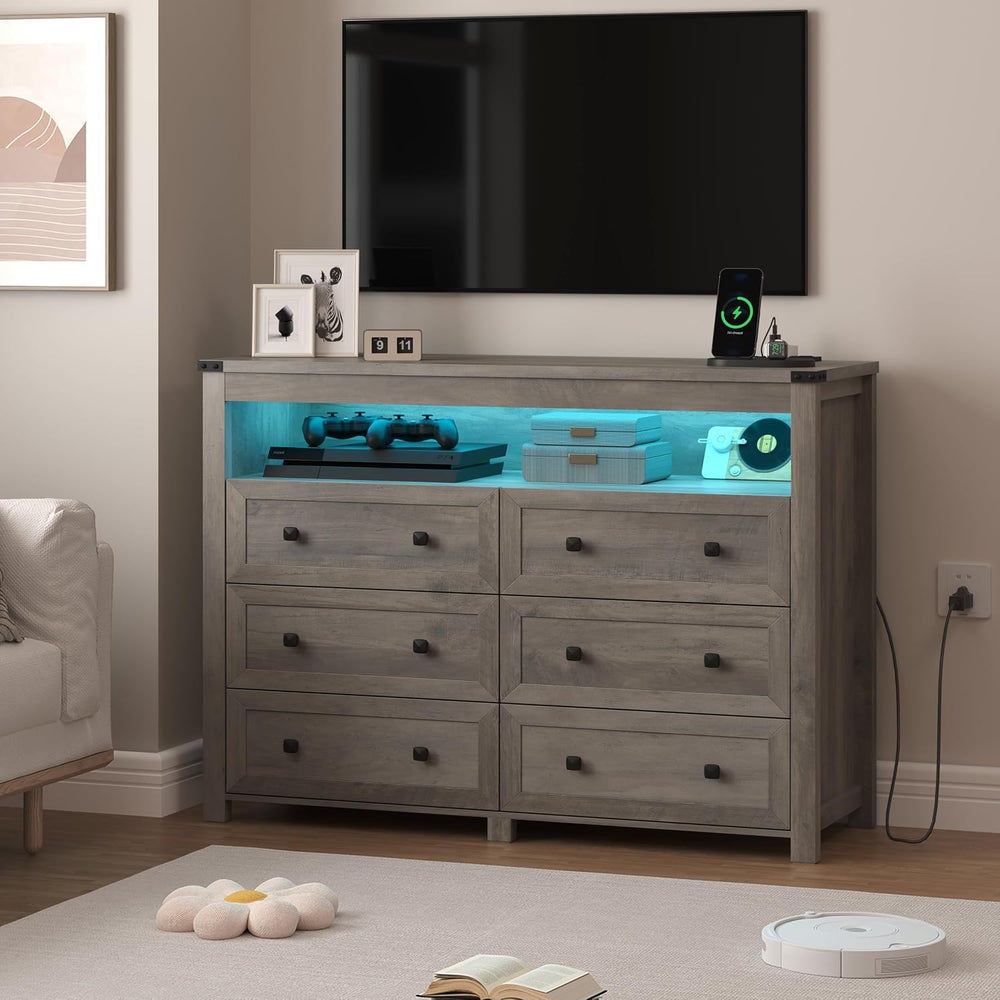 Wodeer Grey Dresser 6 Drawer Dressers for Bedroom with LED Lights, Charging S...
