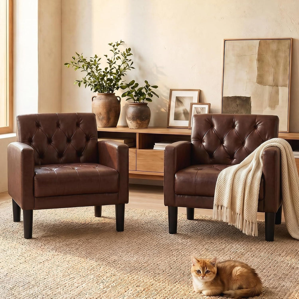 TYBOATLE Leather Accent Chairs Set of 2, Tufted Armchairs for Living Room
