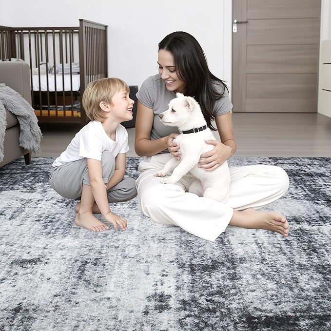 2.6'x8' Runner Rug Washable Rug;Modern Abstract Soft Thin Runner Rug Dark-Black - Image 7