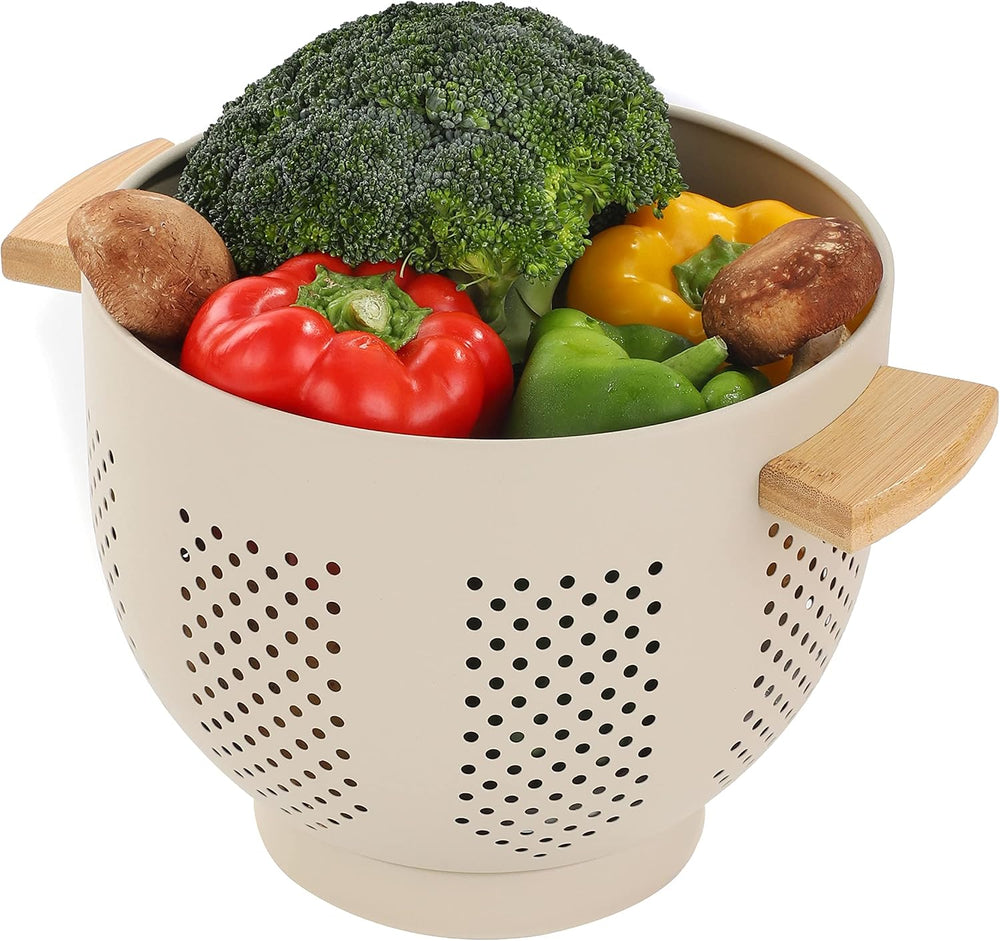 Metal Colander with Wood Handle, 5.5 Quart Powder Coated Steel Large Kitchen
