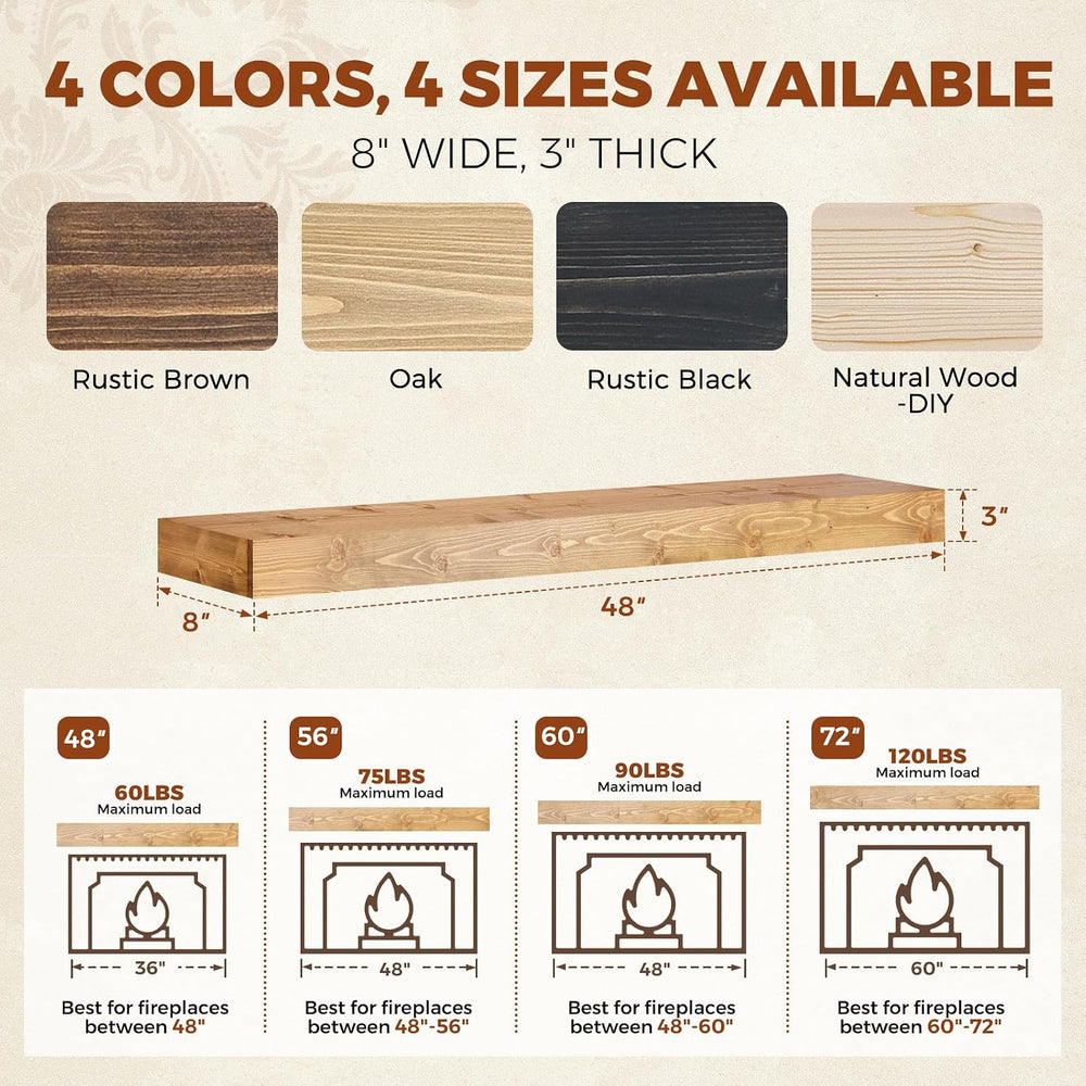 48x8x3in Rustic Fireplace Mantel Pine Wood, Natural Wood