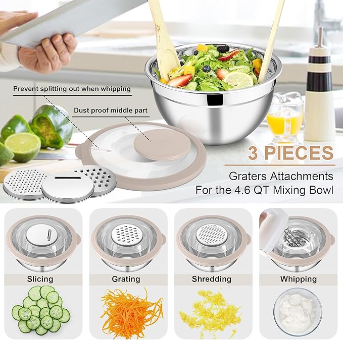 E-far Mixing Bowls with Lids and Graters, Stainless Steel Salad Mixing Bowl - Image 3