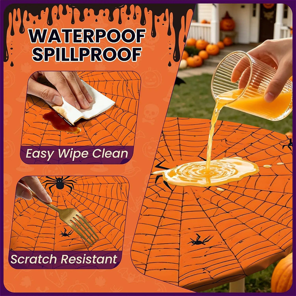 60 Inch Fall Round Waterproof Tablecloth for Dinner, Halloween Fitted Round T...