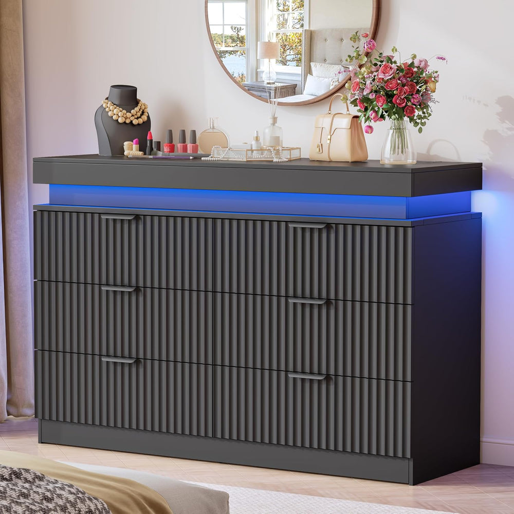 Fluted 6 Drawer Dresser for Bedroom with Charging Station, Black