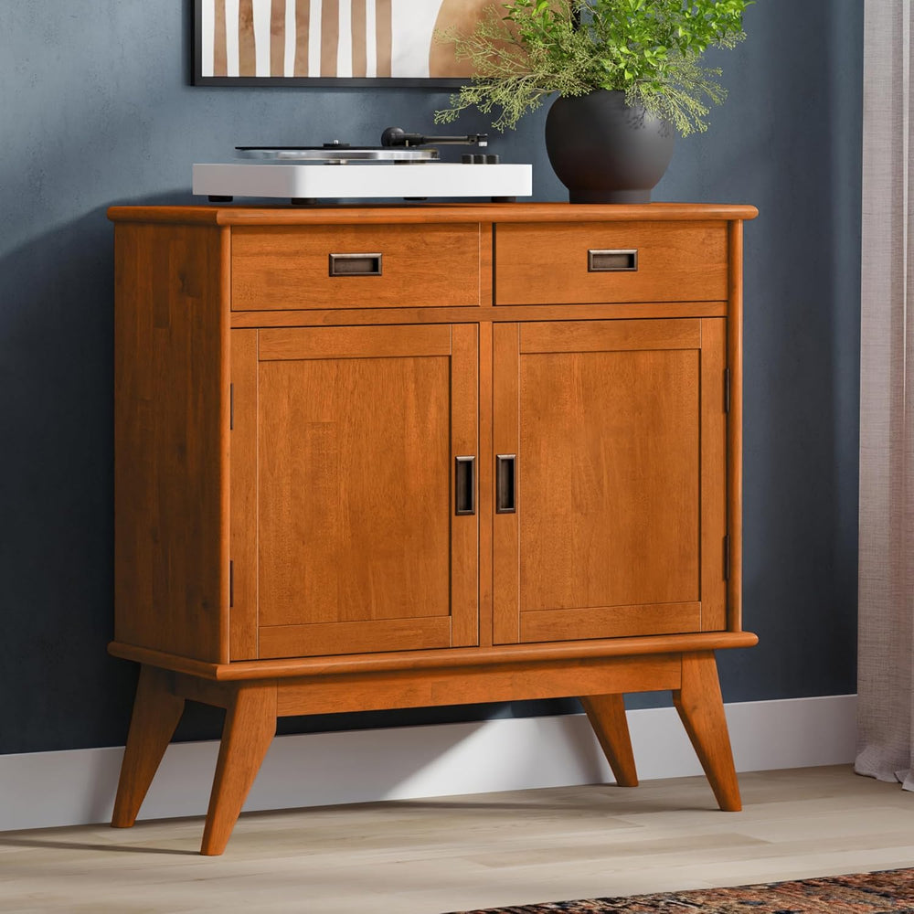 SIMPLIHOME Draper 36" Wide Solid Wood Cabinet in Teak Brown