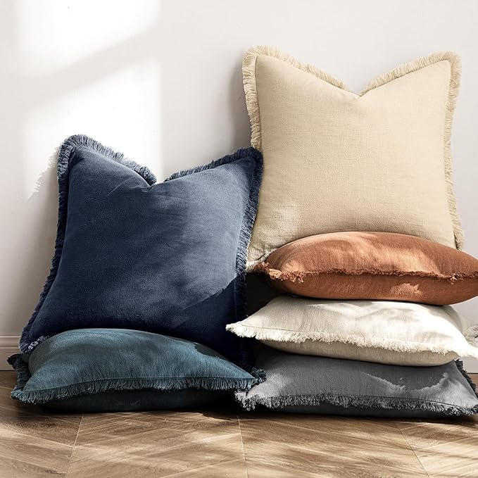 MIULEE Decorative Throw Pillow Covers Neutral Linen Fringe Throw Pillows Set of - Image 4
