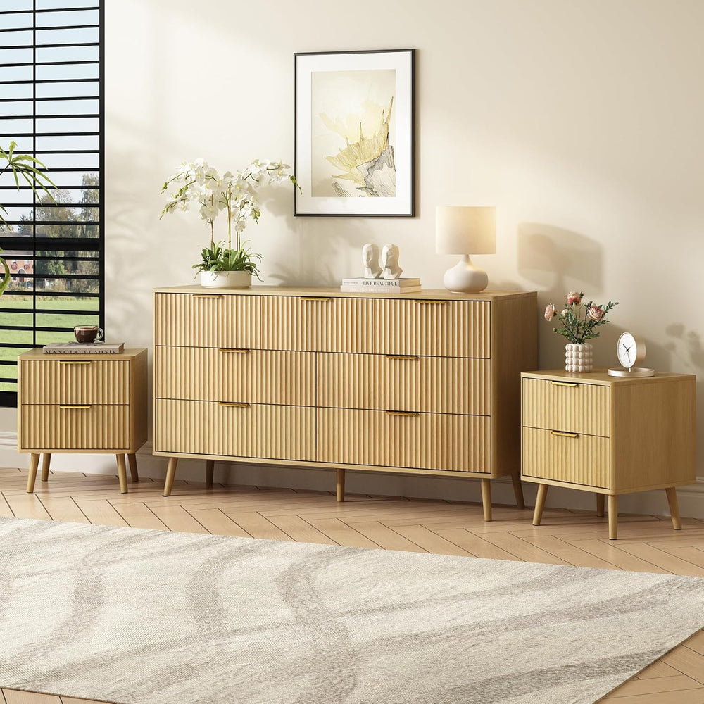 CARPETNAL Fluted Dresser and Nightstand Sets for Bedroom, 3 Pcs Bedroom Set, ...