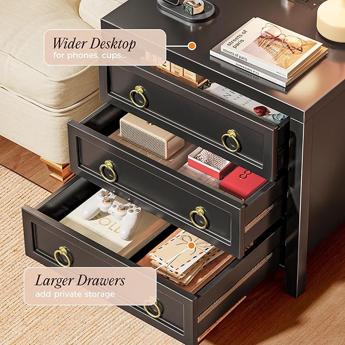 Huuger 23.6 Inch Night Stand with Charger Station and USB-C Port, 3 Drawer Ni...