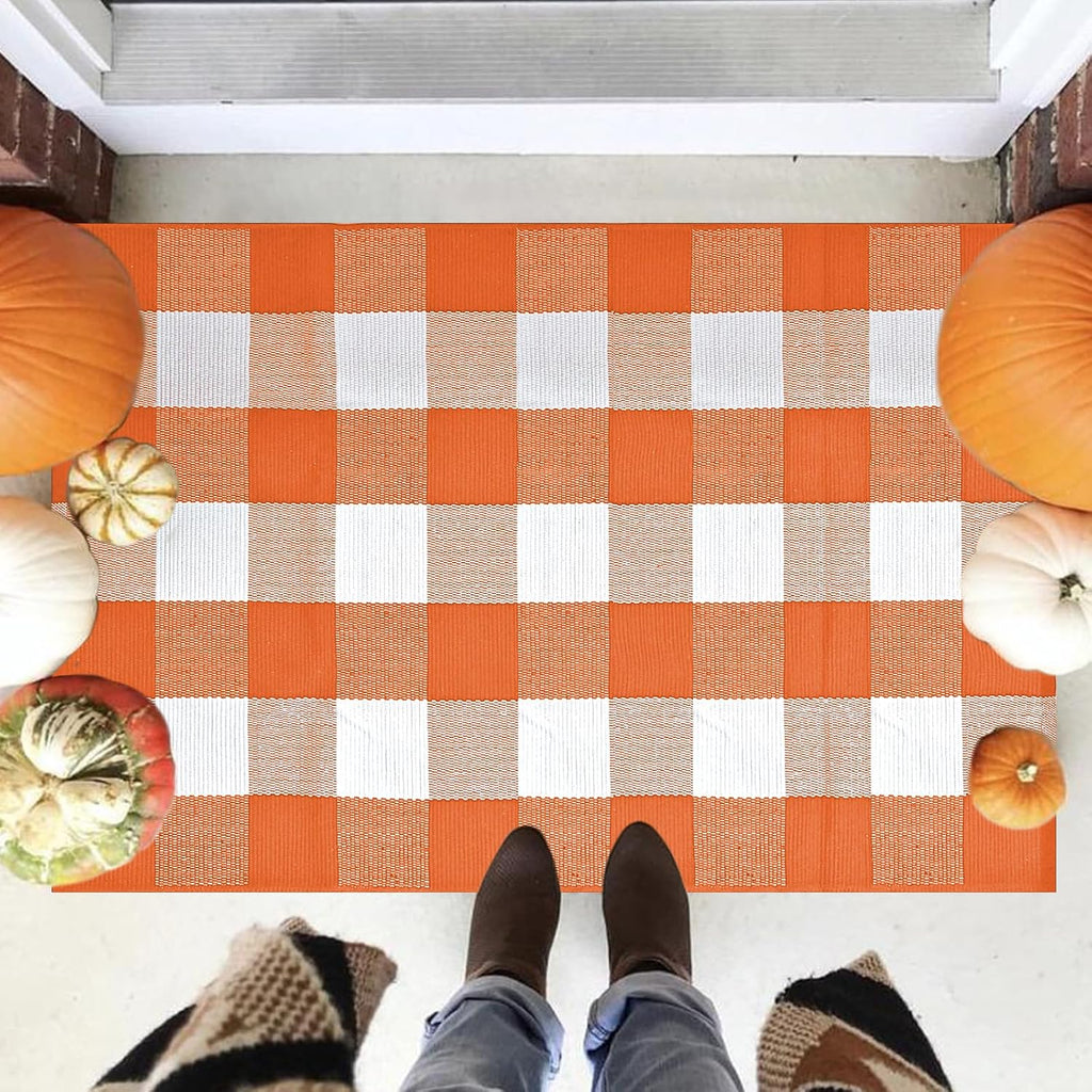 Buffalo Plaid Rug 28 x 43 Inches Fall Outdoor Front Door Decor Mat, Cotton Washable Hand-Woven Rug for Layered Doormat, Autumn Halloween Thanksgiving Carpet for Porch (Orange and White Plaid)