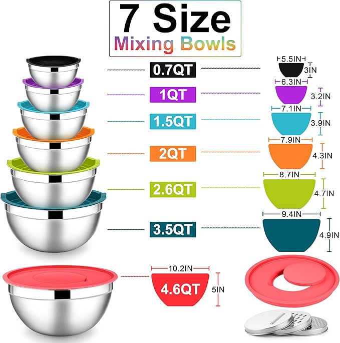 E-far Mixing Bowls with Lids Set, 7-Piece Stainless Steel Mixing Bowls with 3 - Image 5