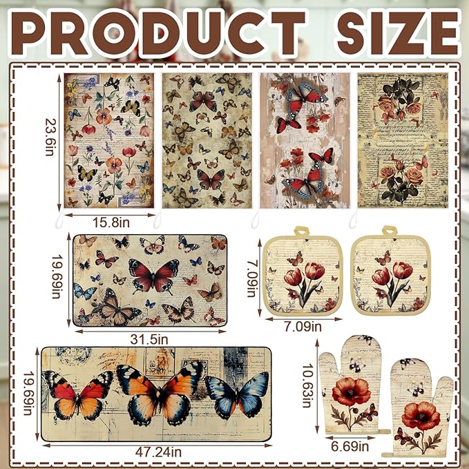 Fourluoo 10 Pcs Butterfly Kitchen Dish Towels Rugs Oven Mitts and Pot Holders - Image 3