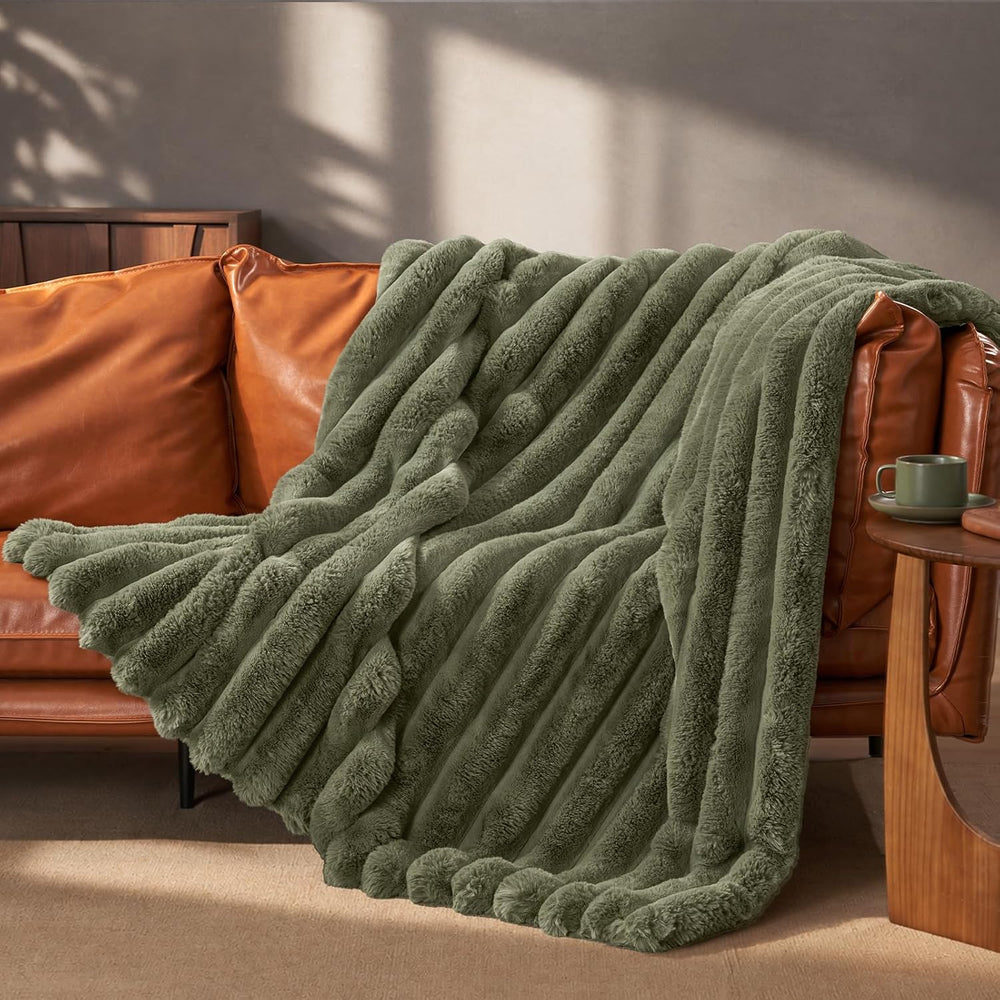 PHF Faux Fur Throw Blanket, 970 GSM Double-Sided, 50" X 60",Olive G...