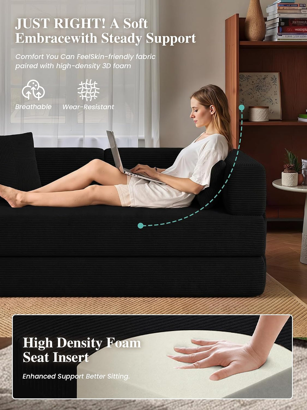 79.5" 5-in-1 Convertible Futon Sofa Bed, Boneless Corduroy, Black