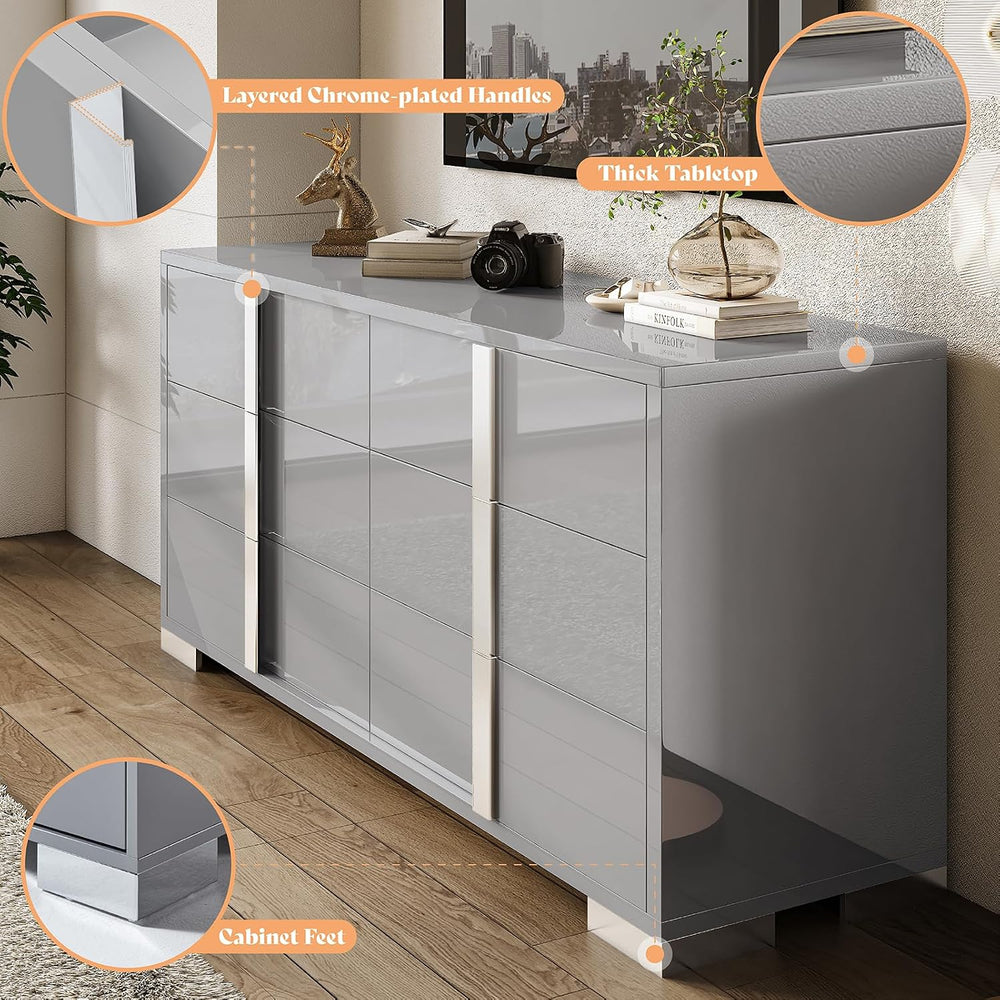 AMERLIFE 6 Drawer Dresser, Modern Storage Chest, High Gloss Finish, Grey
